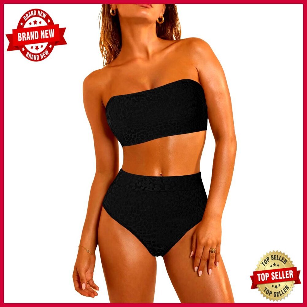 Large High Waisted Bikini Set Strapless Bandeau Textured Swimwear